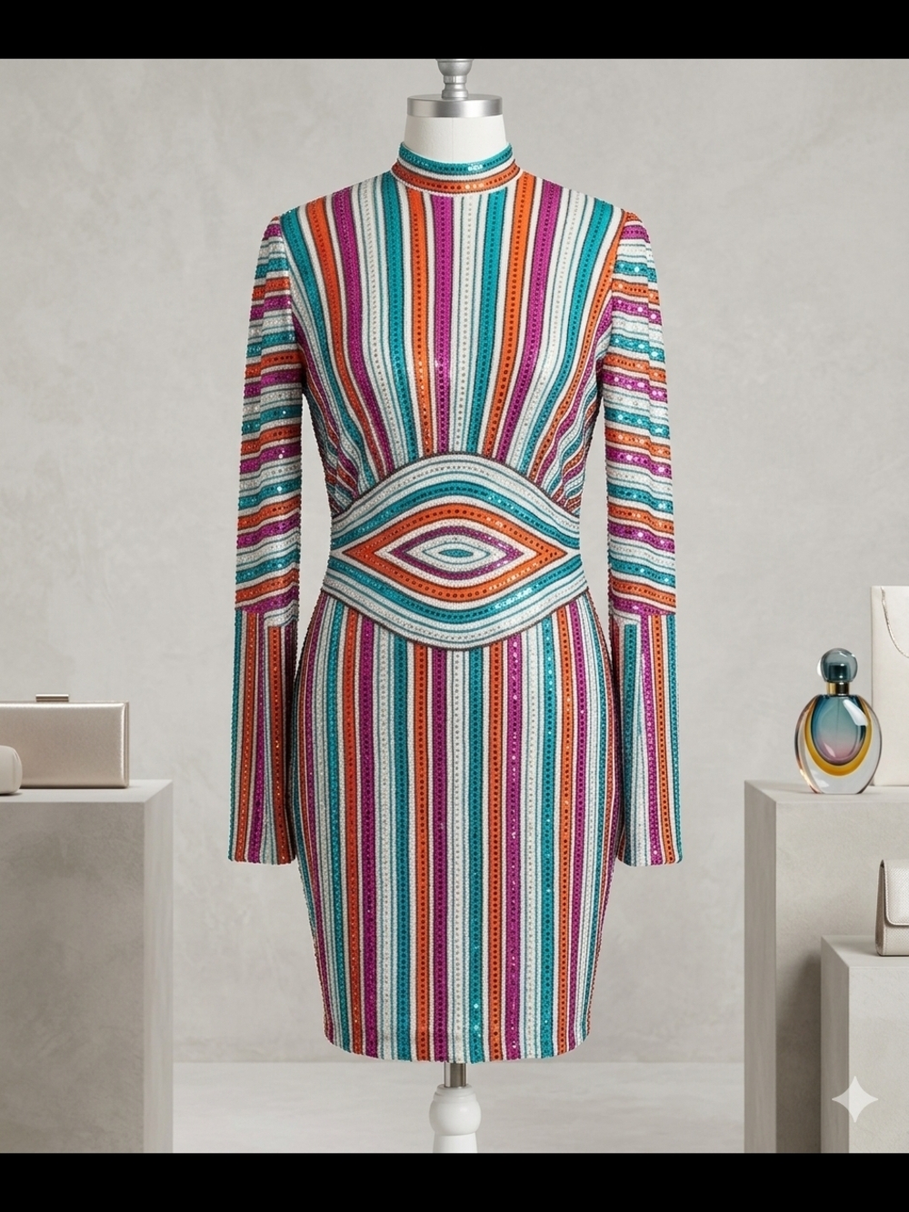 Multicolor Striped Long-Sleeve Bodycon Dress - Picture 2 of 7
